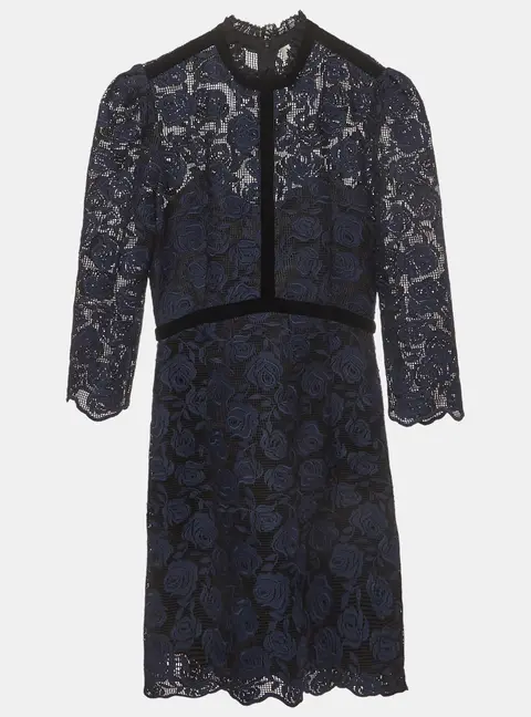 Sandro Navy Blue Rose Embroidered Lace Mock Neck Mini Dress S