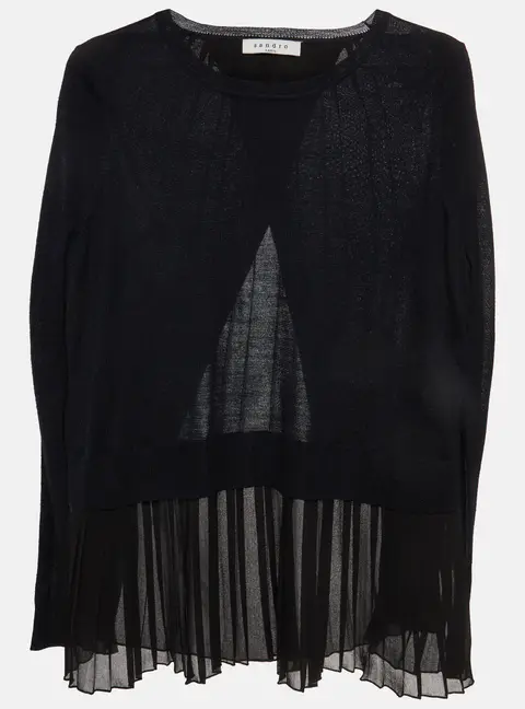 Sandro Black/Navy Blue Wool and Crepe Overlay Pleated Top M