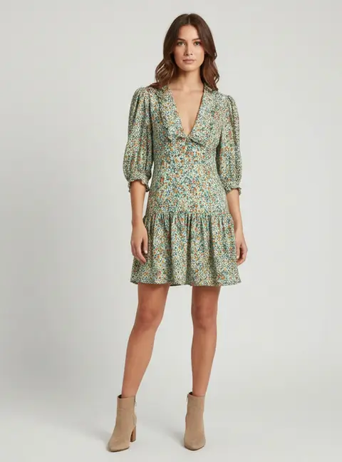 Sandro Green Floral Print Silk Plunge Neck Mini Dress M