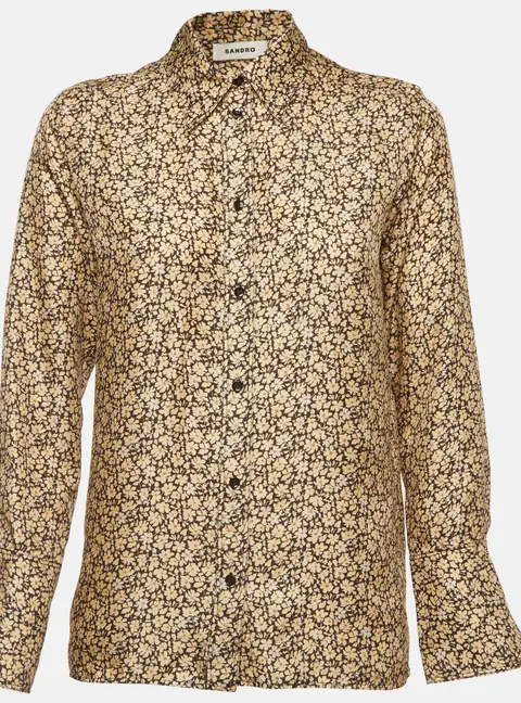 Sandro Black/Beige Floral Print Satin Silk Blouse XS