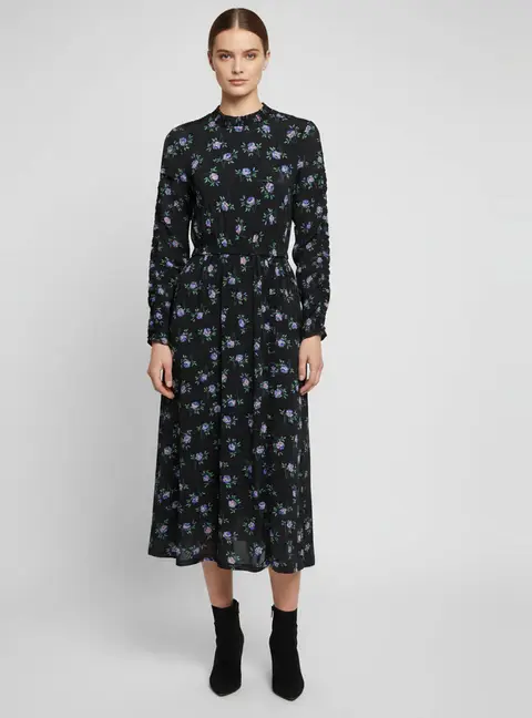 Sandro Black Floral Print Jersey Ruffle Mock Neck Midi Dress M