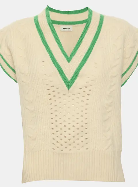 Sandro Light Beige/Green Wool Blend V Neck Vest S