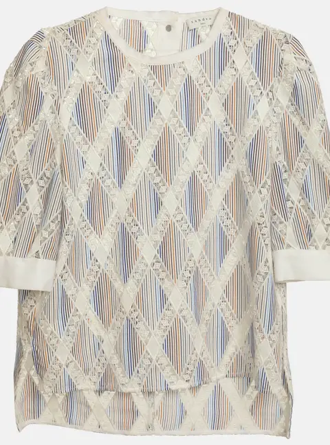 Sandro White Multicolor Pinstriped Geometric Lace Panels Round Neck Tops S