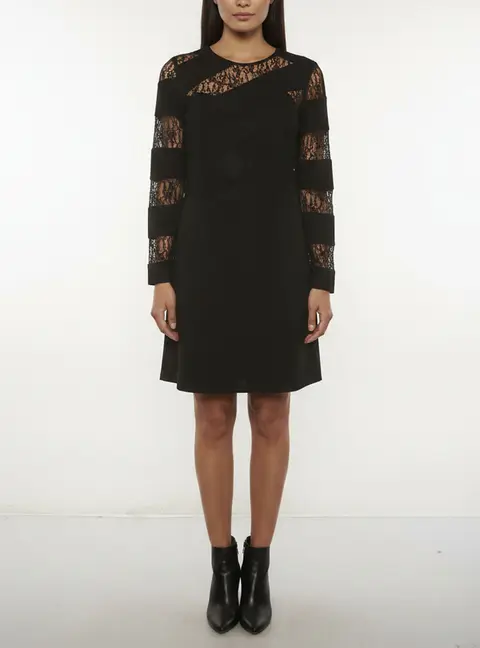 Sandro Black Striped Crepe and Lace Sheer Panel Mini Dress L