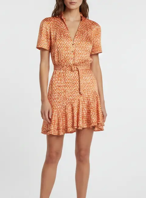 Sandro Orange Printed Satin Asymmetrical Short Dress XS
