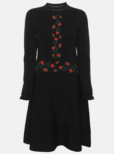 Sandro Black Jersey Floral Embroidered Long Sleeve Mini Dress S