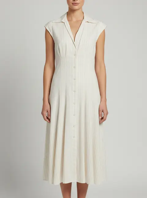 Sandro Cream Pinstriped Linen Blend Cape Sleeve Midi Dress M