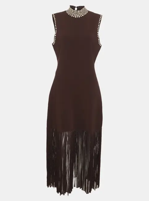 Sandro Dark Brown Jersey Cleopatre Fringed Faux Pearl Embellished Midi Dress L