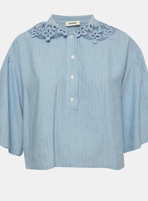 Sandro Blue Linen Blend Peter Pan Collar Shirt S