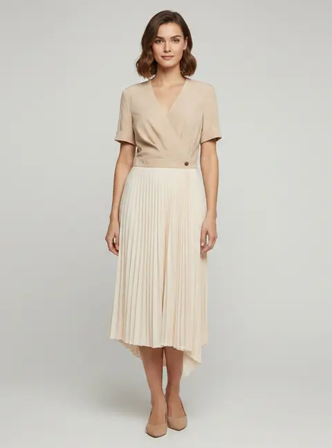 Sandro Beige Plisse Short Sleeve Midi Dress L