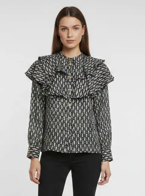 Sandro Black Printed Silk Ruffle Reine Blouse XS