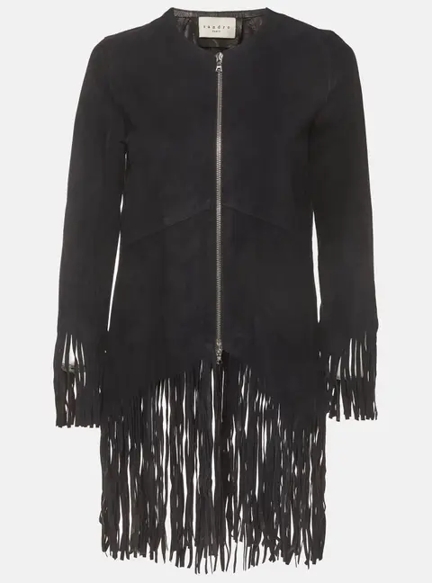 Sandro Navy Blue Suede Zip-Up Fringed Jacket S