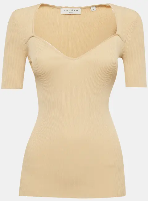 Sandro Beige Rib Knit Sweetheart Top S