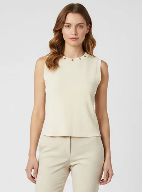 Sandro Cream Grommet Embellished Rib Knit Cropped Top L