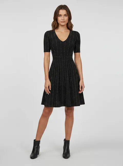 Sandro Black Knit Embellished V- Neck Flared Midi Dress S