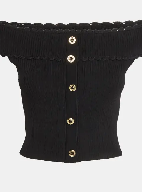 Sandro Black Rib Knit Off-Shoulder Crop Top M