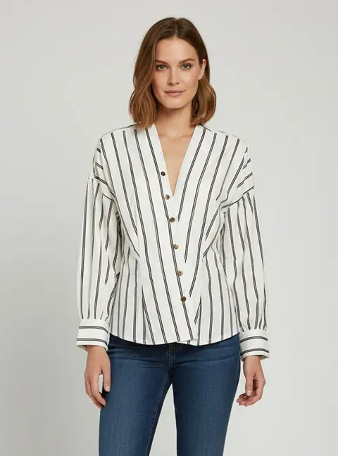 Sandro White Stripped Cotton V-Neck Naelle Top S