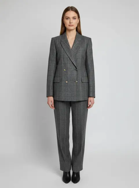 Sandro Grey Check Wool Blazer and Wide Leg Trousers Suit S/M