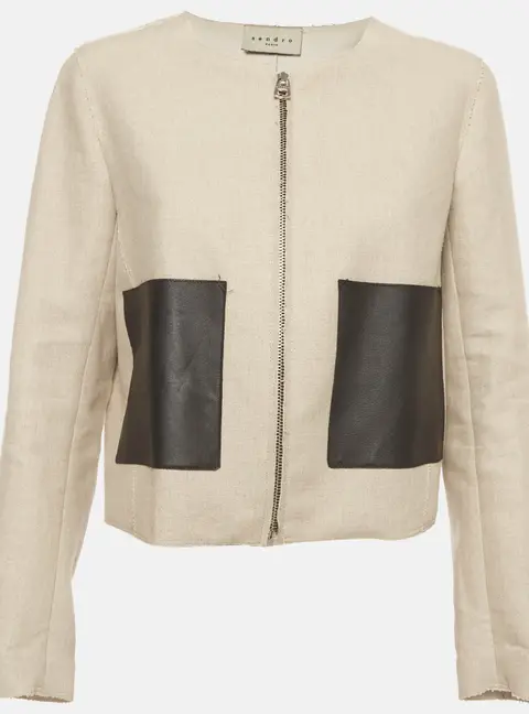 Sandro Beige Linen Blend Leather Trim Zip-Up Jacket L