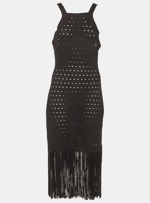 Sandro Black Pointelle Knit Fringed Susanne Midi Dress XL