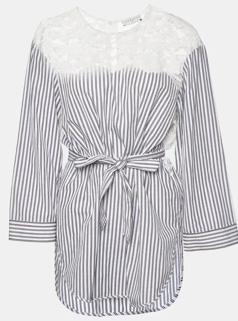 Sandro White/Blue Striped Cotton Lace Trim Dorothee Top L