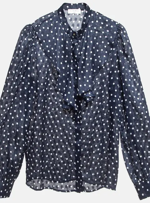 Sandro Navy Blue Metallic Thread Polka Dot Chiffon Shirt XS