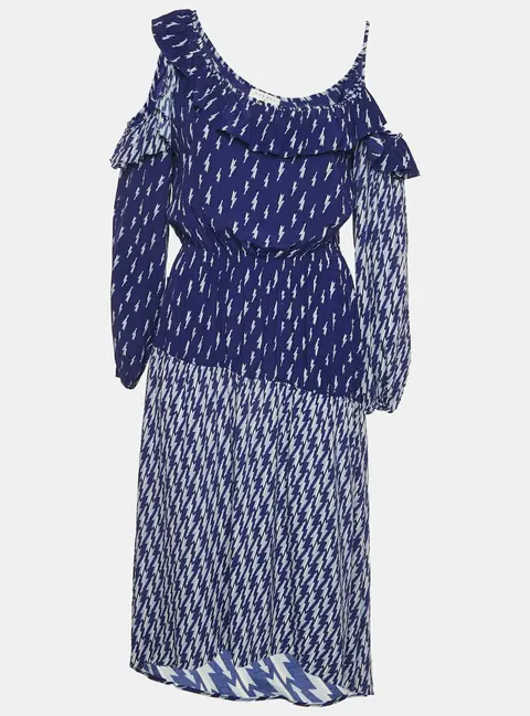 Sandro Blue Lightning Bolt Print Crepe Cold-Shoulder Midi Dress M