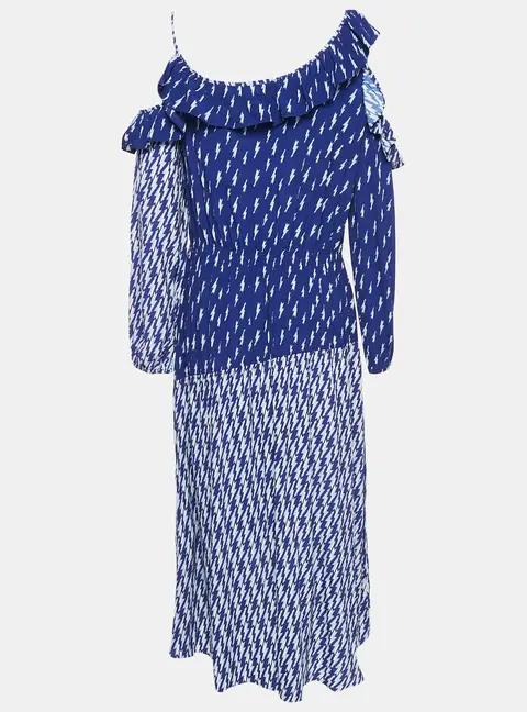 Sandro Blue Lighting Print Crepe Ruffled Cold Shoulder Midi Dress L