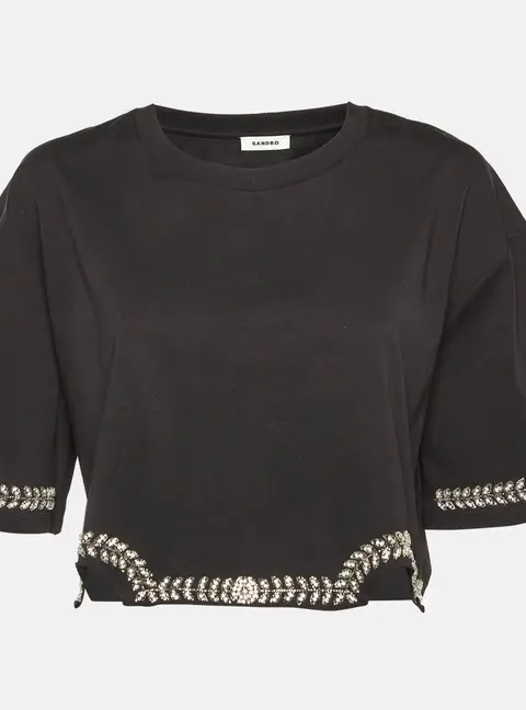 Sandro Black Cotton Rhinestone Embellished Larry Crop Top M