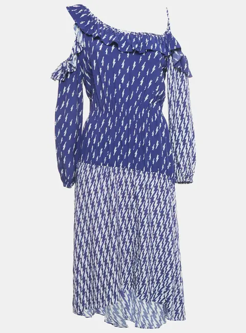Sandro Blue Lightning Bolt Print Crepe Cold Shoulder Midi Dress S