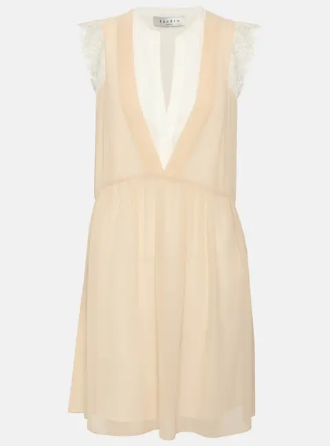 Sandro Beige/White Crepe and Lace Mini Dress L