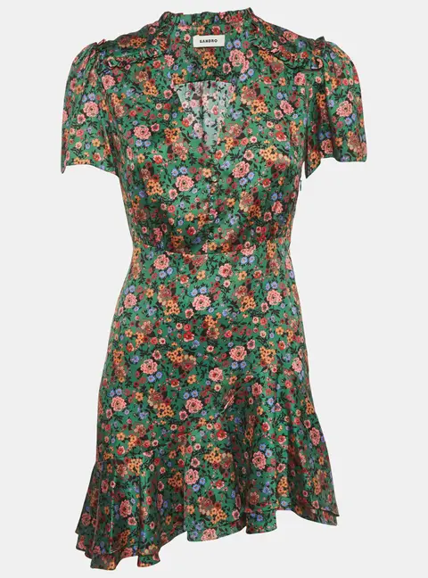 Sandro Green Floral Print Sateen Ruffle Marta Mini Dress S