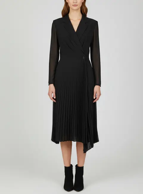 Sandro Black Crepe and Chiffon Plisse Sheer Pleated Midi Dress L
