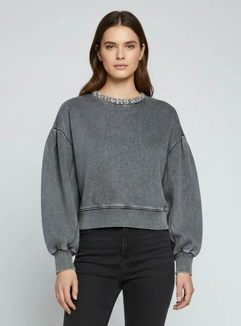Sandro Grey Rhinestone Embellished Neck Cotton Cropped Geode Sweatshirt XS