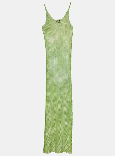 Santa Brands Green Rhinestone Embellished Mesh Sheer Maxi Dress One Size