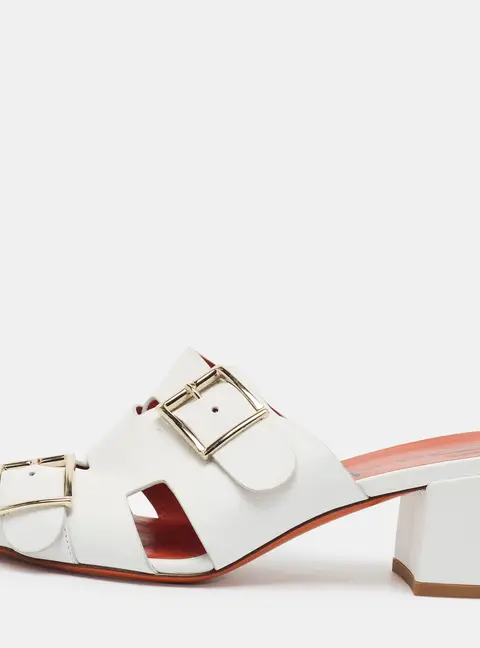 Santoni Size 37 White Leather Buckle Block Heel Slide Sandals