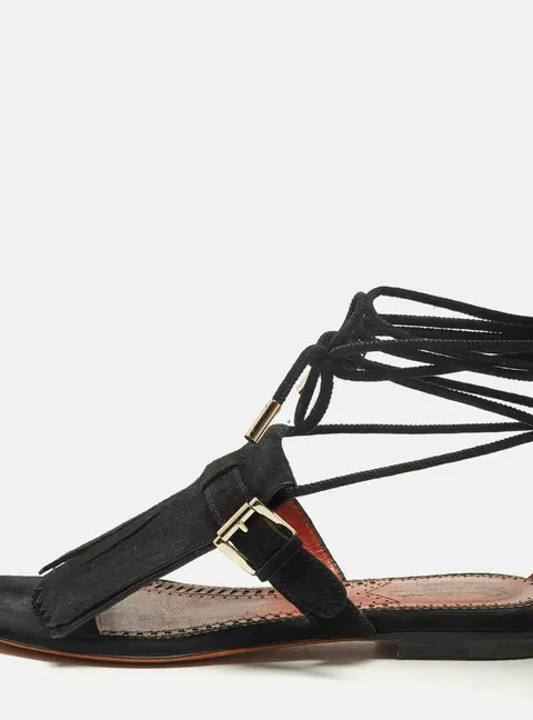 Santoni Size 36 Black Suede Fringe Flat Sandals