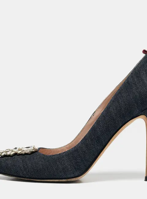 SJP Sarah Jessica Parker Navy Blue Denim Crystal Embellished Pointed Toe Pumps Size 37
