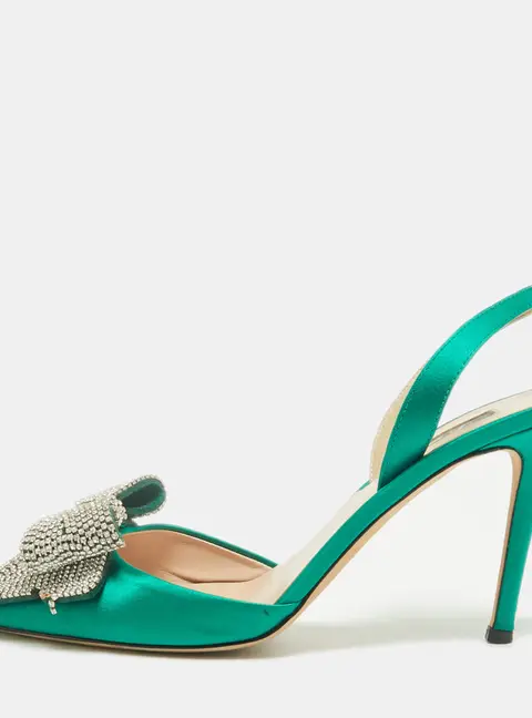 SJP Sarah Jessica Parker The LJ Recital Size 37.5 Green Satin Bow Crystal Embellished Slingback Pumps