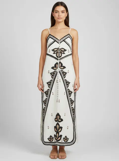 Scarlett Poppies White Embroidered Linen Blend Slit Midi Dress S