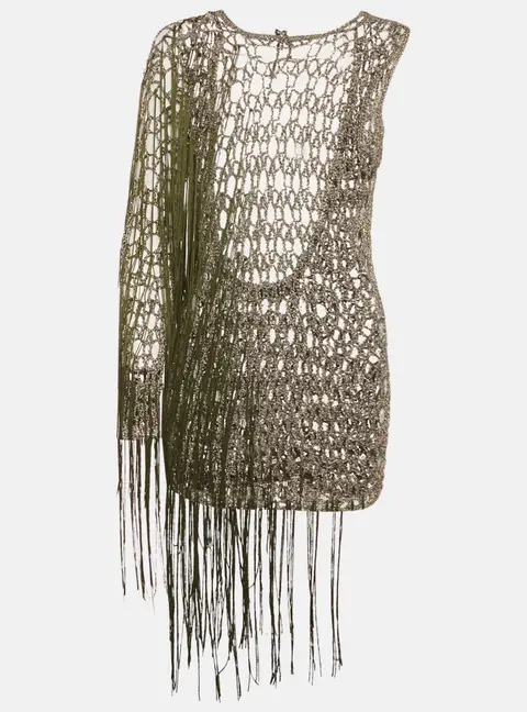 Sādh Green Crochet Fringed Sheer Asymmetric Sleeve Top M