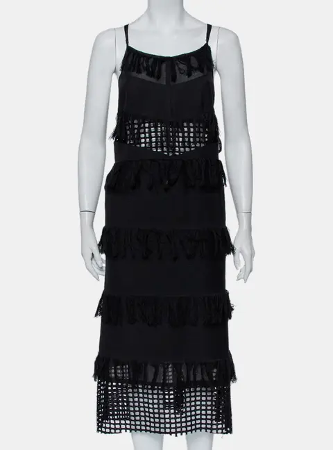Sea Black Cotton Cutwork Paneled Fringed Midi Dress M