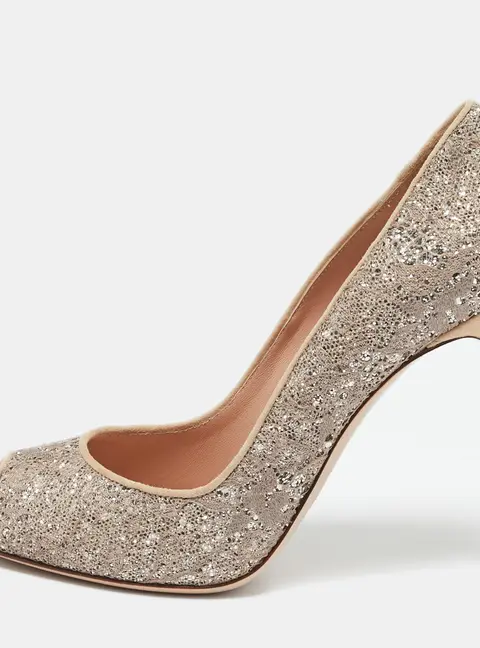 Sebastian Beige/Silver Lace and Glitter Peep Toe Pumps Size 40.5
