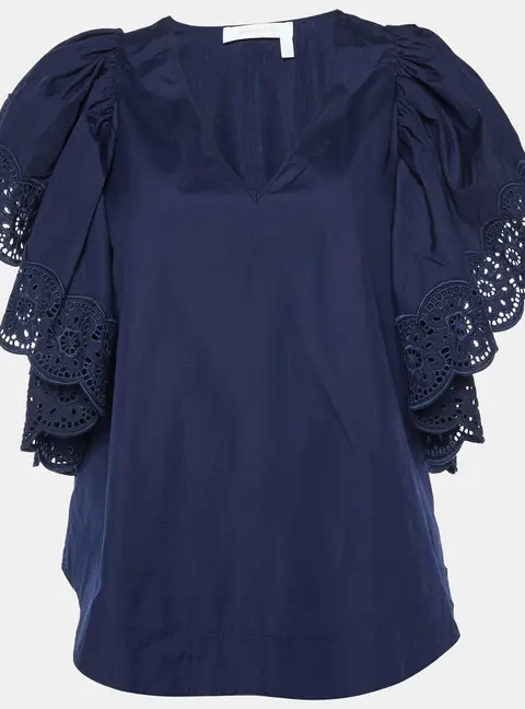 See by Chloe Blue Cotton Lace Trim Flared Sleeves Top S