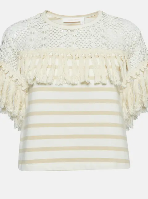 See by Chloe Beige Crochet Trim Stripe Cotton T-Shirt XS
