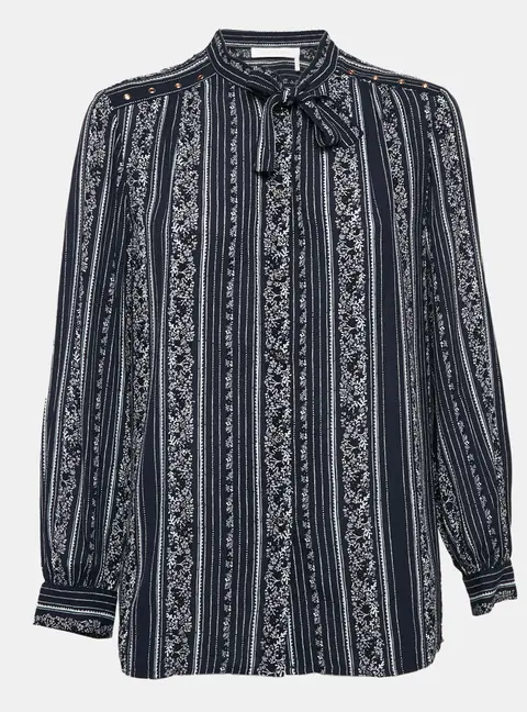 See by Chloe Blue Stripe Floral Print Crepe Button Front Shirt S