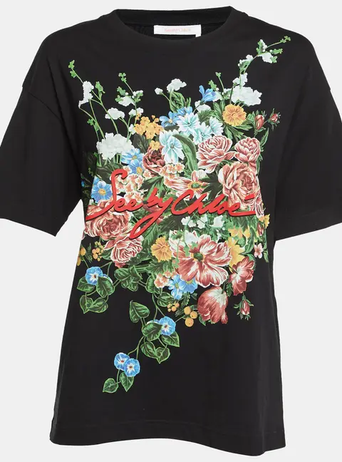See by Chloe Black Floral Print Cotton Crew Neck T-Shirt S