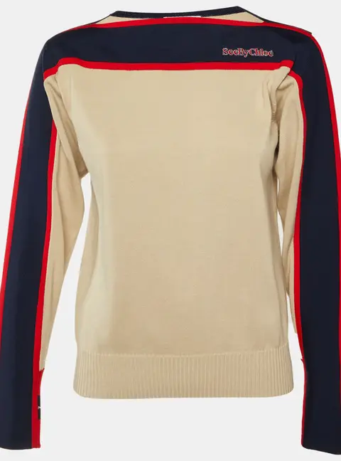 See by Chloe Beige Striped Cotton Knit Sweater XS