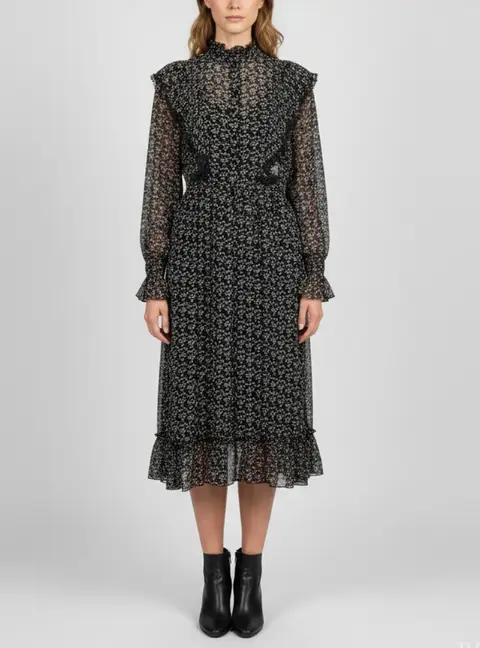 See by Chloe Black Floral Print Crepe Ruffle Midi Dress M