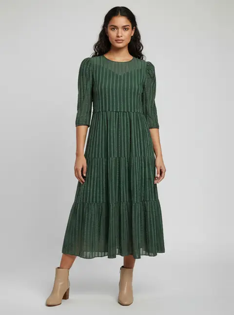 See by Chloe Deep Green Striped Textured Cotton Tiered Midi Dress S